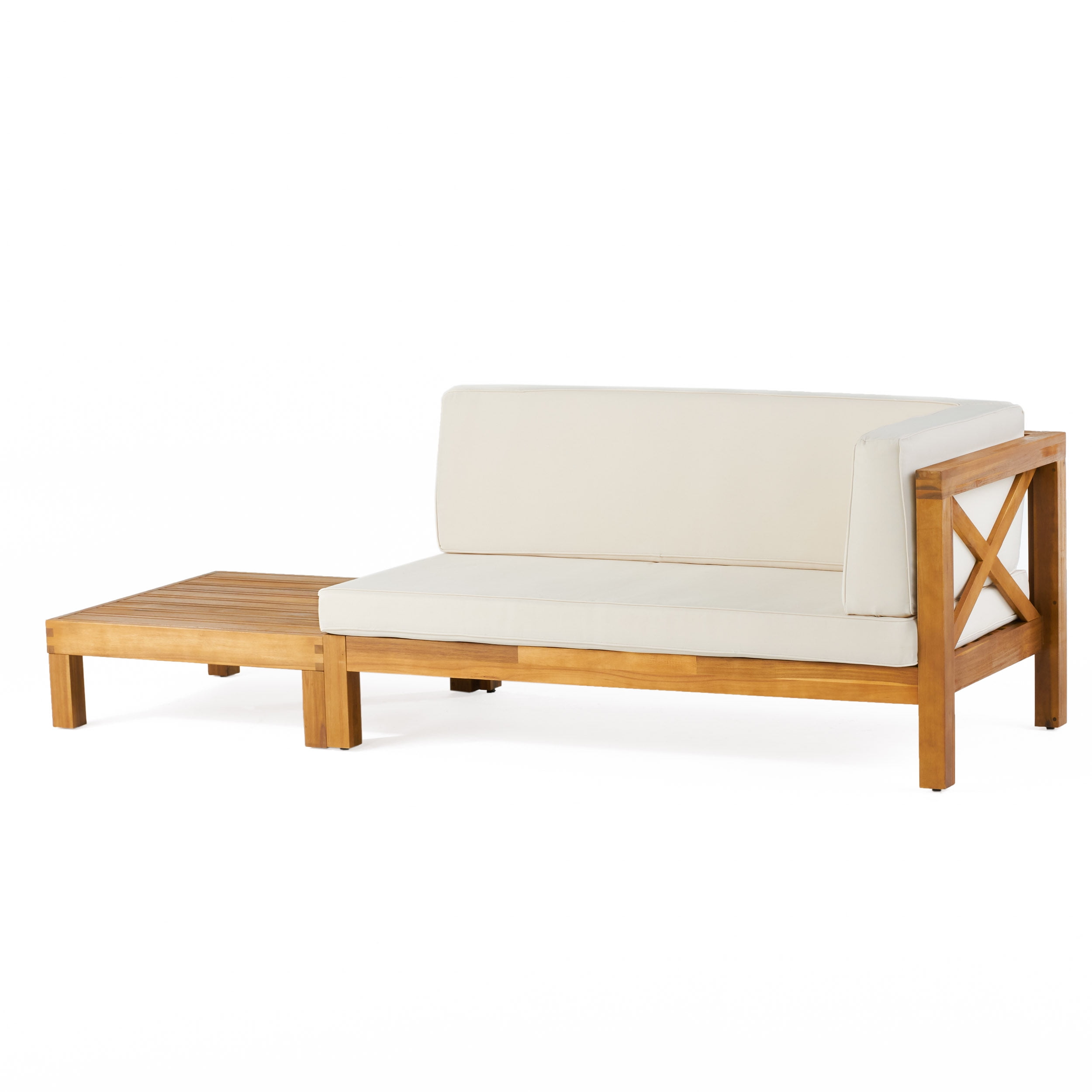 Elisha Acacia Wood Outdoor Right Arm Loveseat and Coffee Table Set with Cushion, Teak and Beige