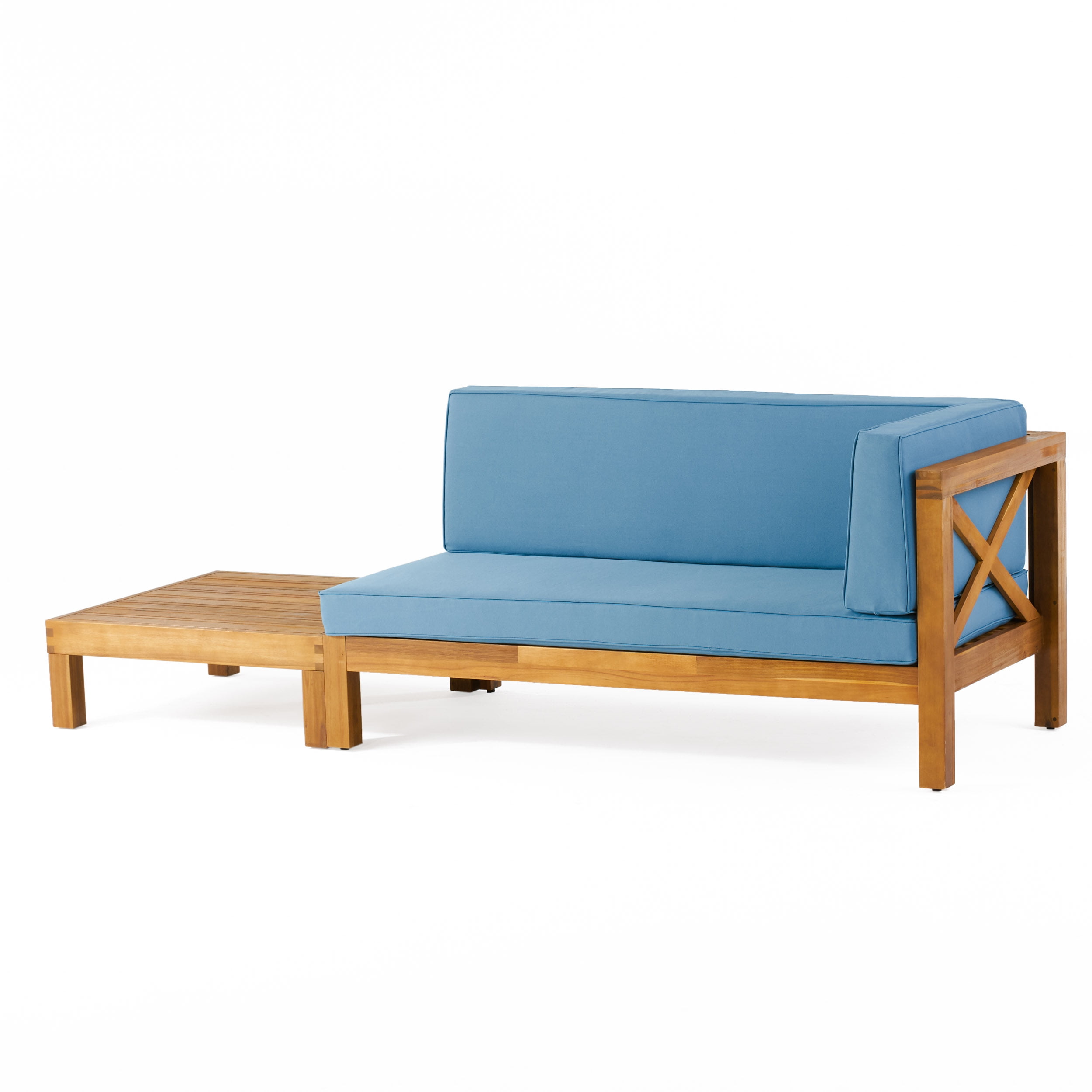 Elisha Acacia Wood Outdoor Right Arm Loveseat and Coffee Table Set with Cushion, Teak and Blue
