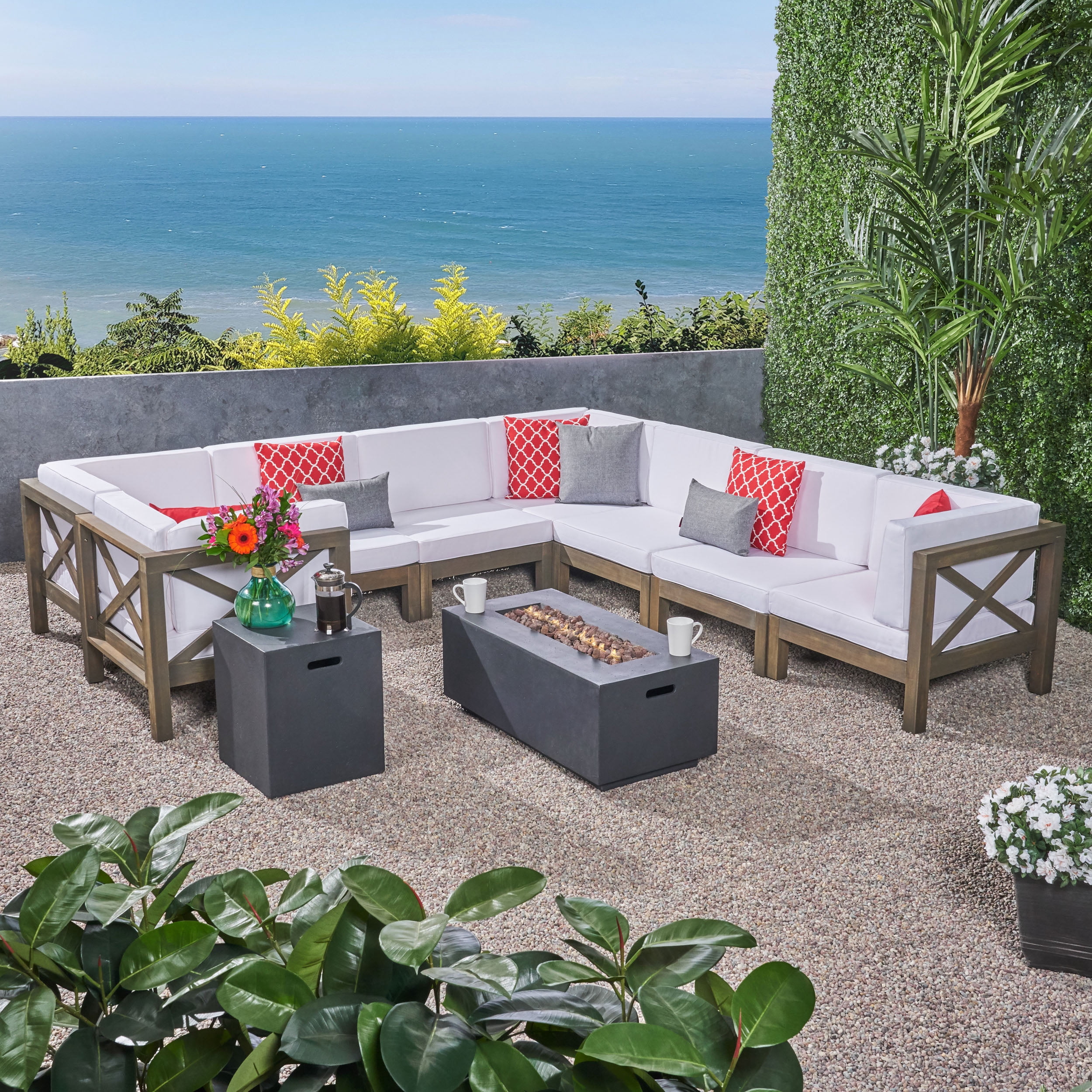 Elisha Outdoor 10 Piece Acacia Wood Sectional Sofa Set with Cushions and Fire Pit, Gray, White, Dark Gray