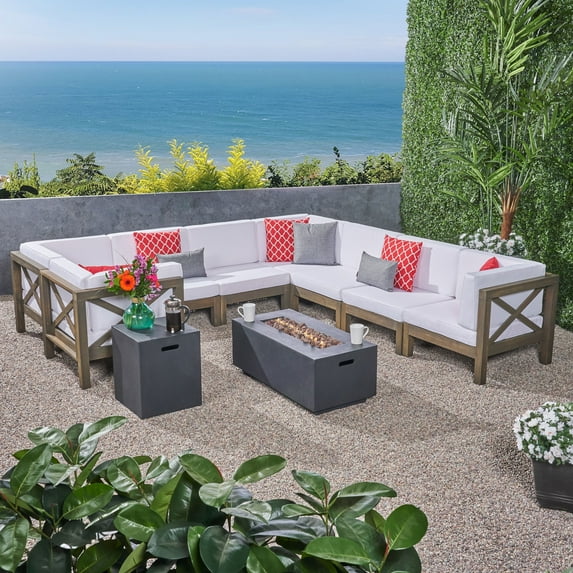Elisha Outdoor 10 Piece Acacia Wood Sectional Sofa Set with Cushions and Fire Pit, Gray, White, Dark Gray