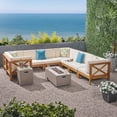 thumbnail image 1 of Elisha Outdoor 10 Piece Acacia Wood Sectional Sofa Set with Cushions and Fire Pit, Teak, Beige, Light Gray, 1 of 10