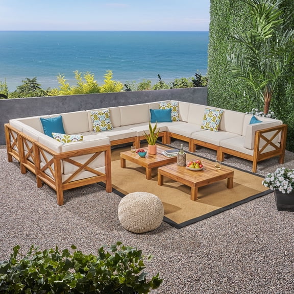 Noble House Brava Outdoor Wood 10 Seater U-Shaped Sectional Sofa Set Teak/Beige