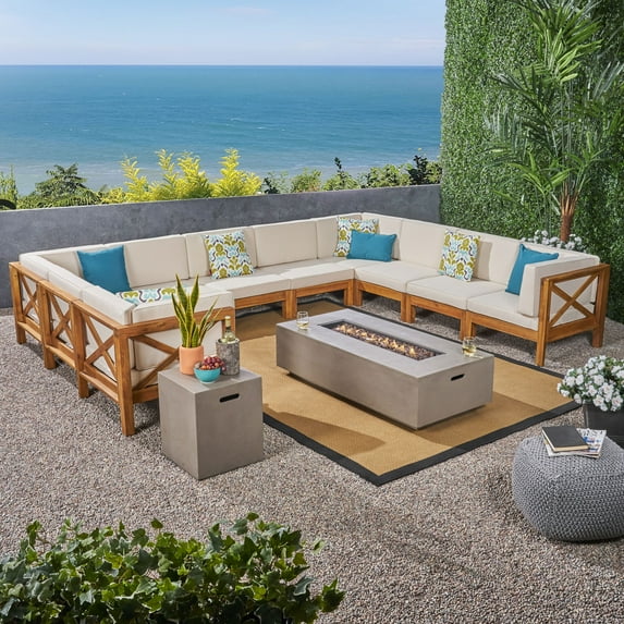 Elisha Outdoor 12 Piece Acacia Wood Sectional Sofa Set with Cushions and Fire Pit, Teak, Beige, Light Gray