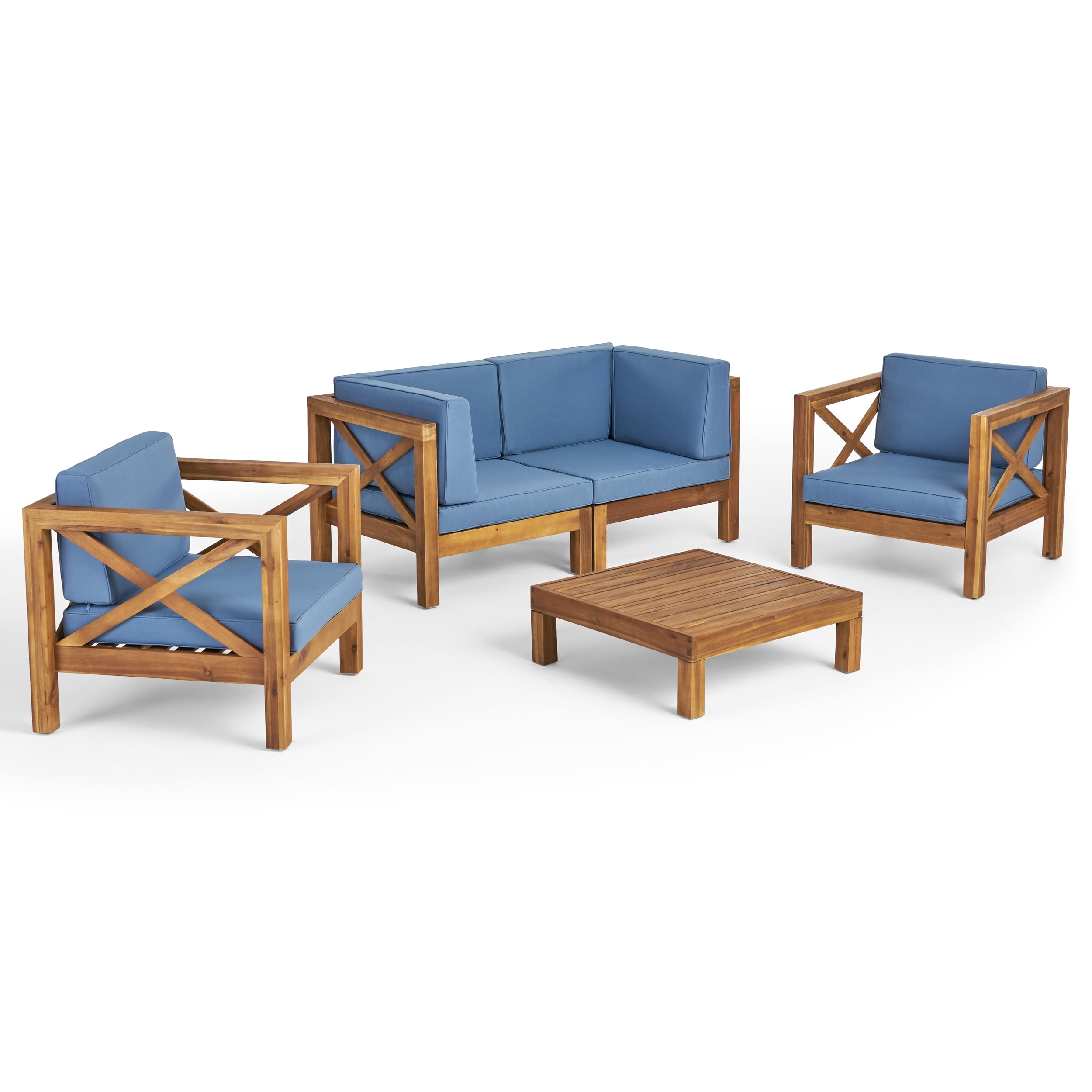 Elisha Outdoor 4 Seater Acacia Wood Loveseat Chat Set, Teak and Blue