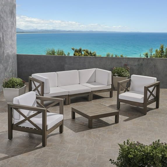 Elisha Outdoor 5 Seater Acacia Wood Sofa Chat Set, Gray and White