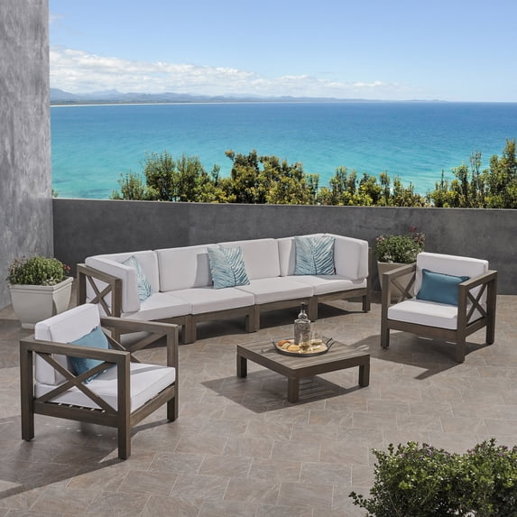 Elisha Outdoor 6 Seater Acacia Wood Sofa Chat Set, Gray and White