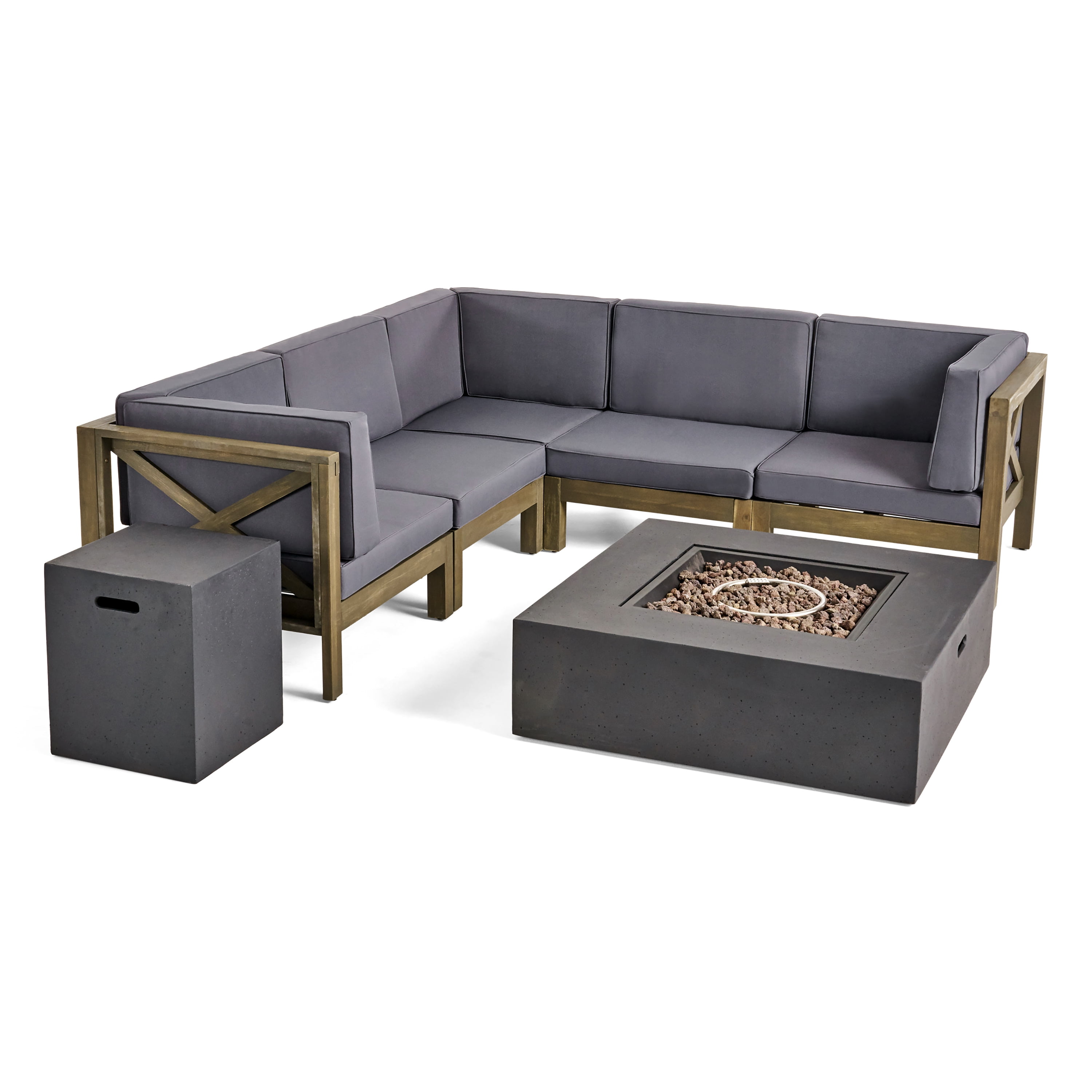 Elisha Outdoor 7 Piece Acacia Wood Sectional Sofa Set with Cushions and Fire Pit, Gray, Dark Gray, Dark Gray