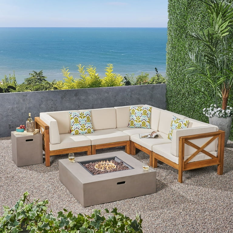 Elisha Outdoor 7 Piece Acacia Wood Sectional Sofa Set with