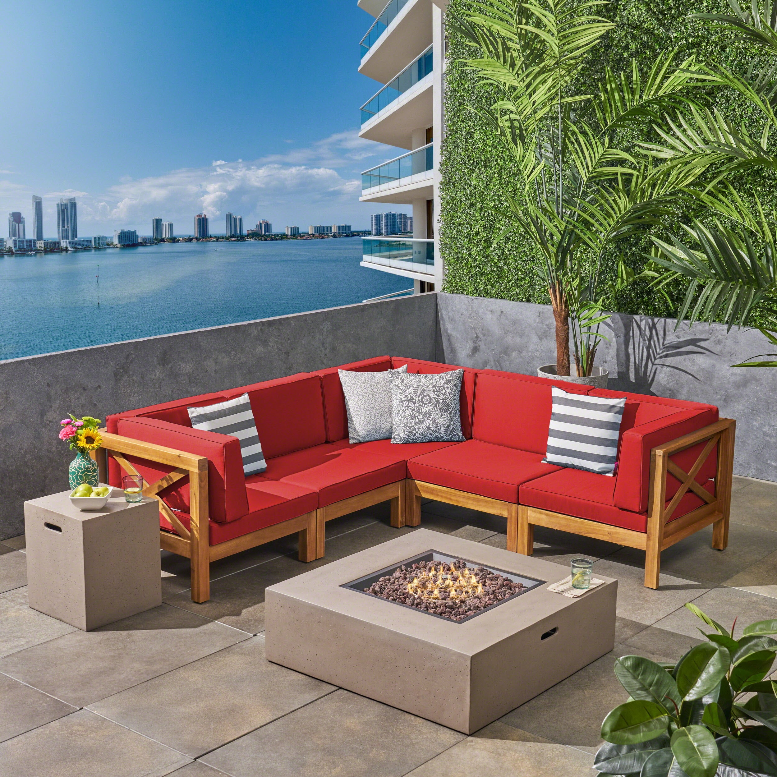 Elisha Outdoor 7 Piece Acacia Wood Sectional Sofa Set with Cushions and Fire Pit, Teak, Red, Light Gray