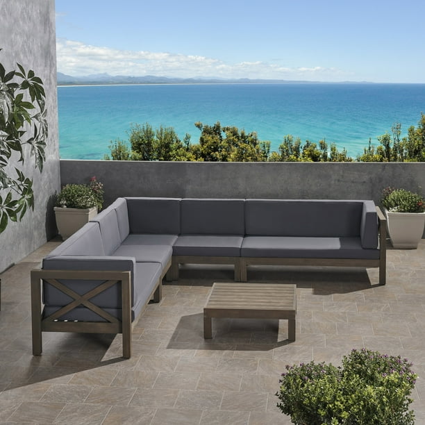 Elisha Outdoor 7 Seater Acacia Wood Sectional Sofa Set, Gray Finish and ...