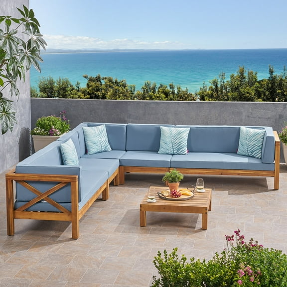 Elisha Outdoor 7 Seater Acacia Wood Sectional Sofa Set, Teak and Blue