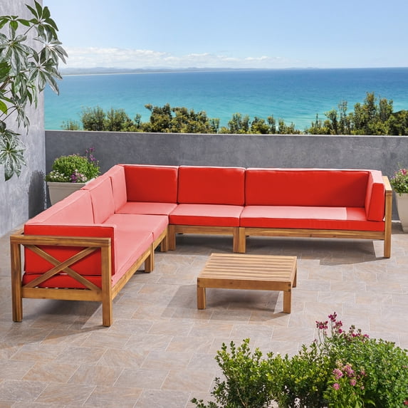 Elisha Outdoor 7 Seater Acacia Wood Sectional Sofa Set, Teak and Red