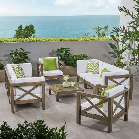 Elisha Outdoor 8 Seater Acacia Wood Sofa and Club Chair Set, Gray and White
