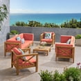thumbnail image 1 of Elisha Outdoor 8 Seater Acacia Wood Sofa and Club Chair Set, Teak and Red, 1 of 13