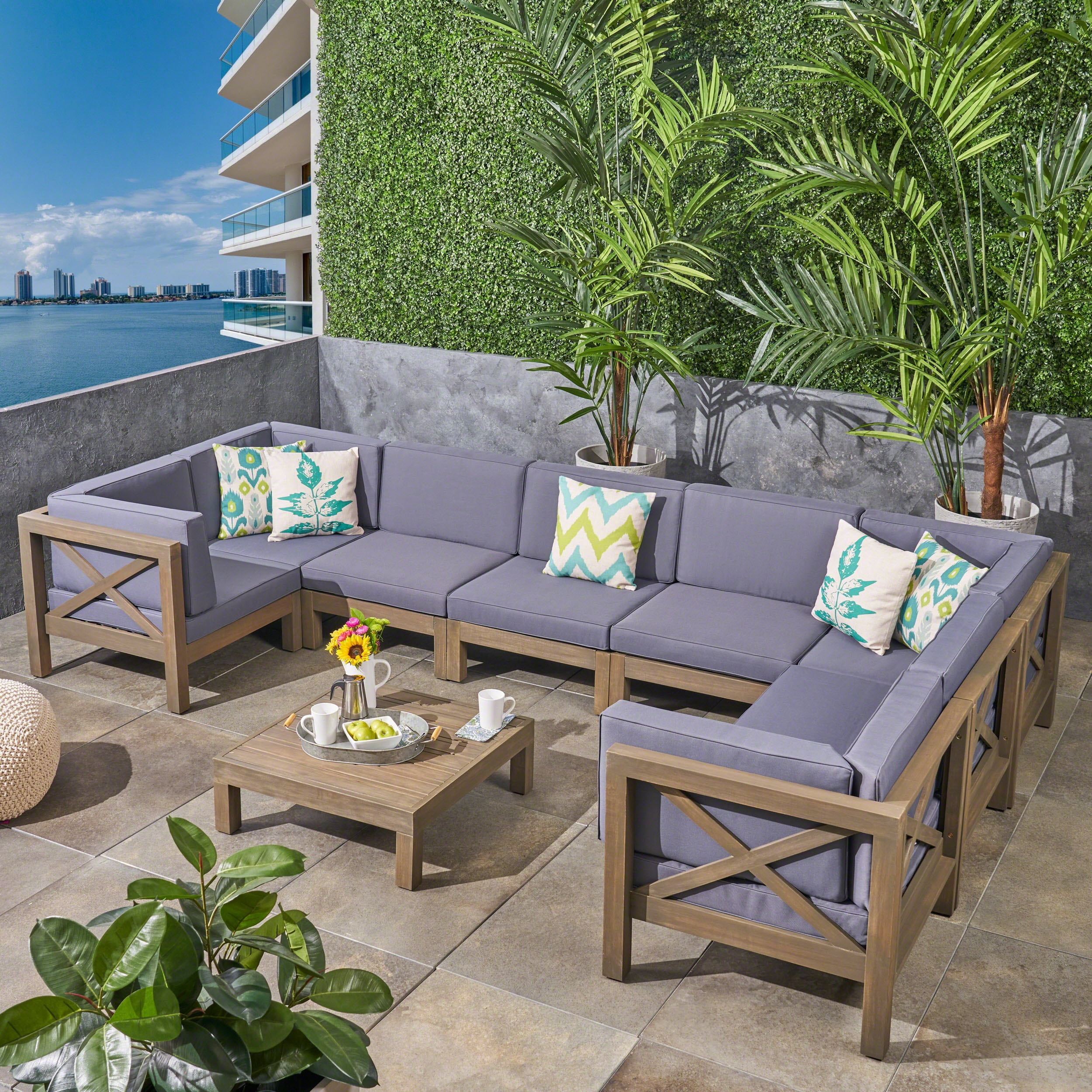 Elisha Outdoor 9 Piece Acacia Wood Sectional Sofa Set and Coffee Table with Cushions, Gray, Dark Gray