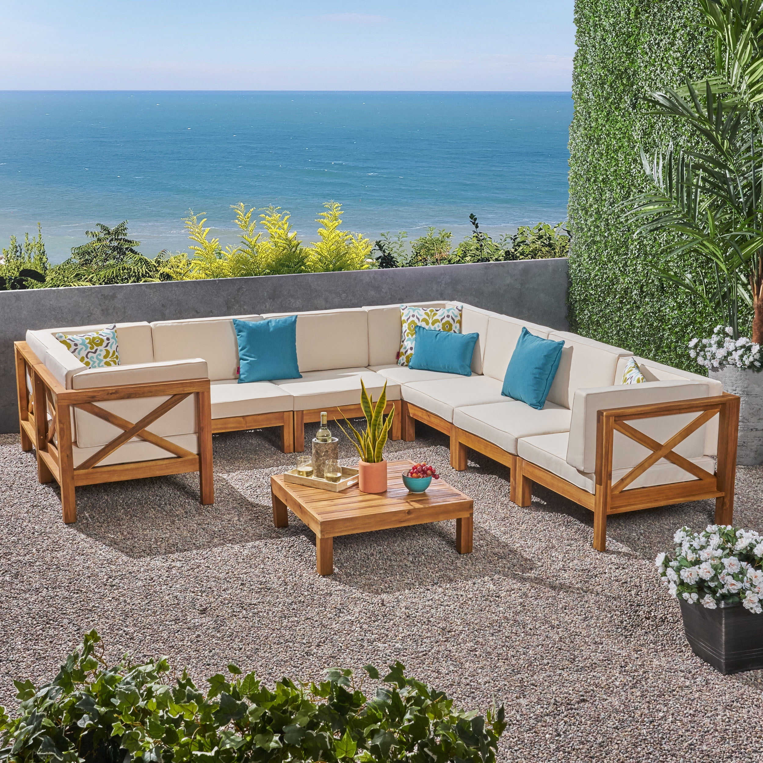 Elisha Outdoor 9 Piece Acacia Wood Sectional Sofa Set and Coffee