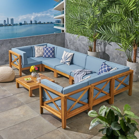Noble House Brava Outdoor 8-Seater Sectional Sofa Set with Cushions Teak/Blue