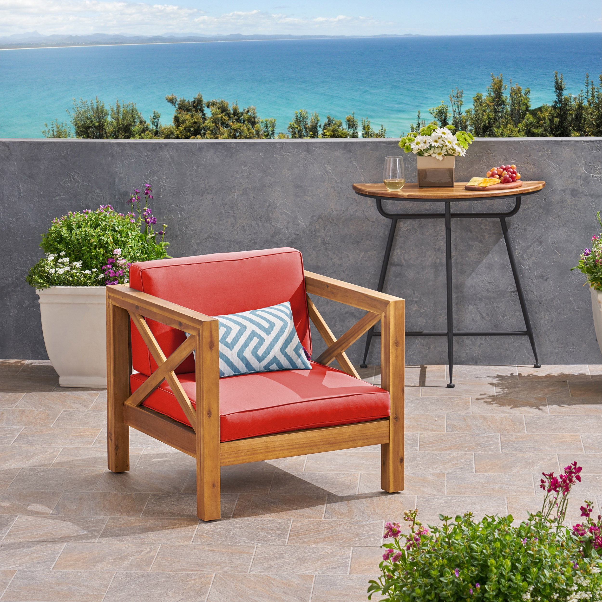 Elisha Outdoor Acacia Wood Club Chair with Cushion, Teak and Red