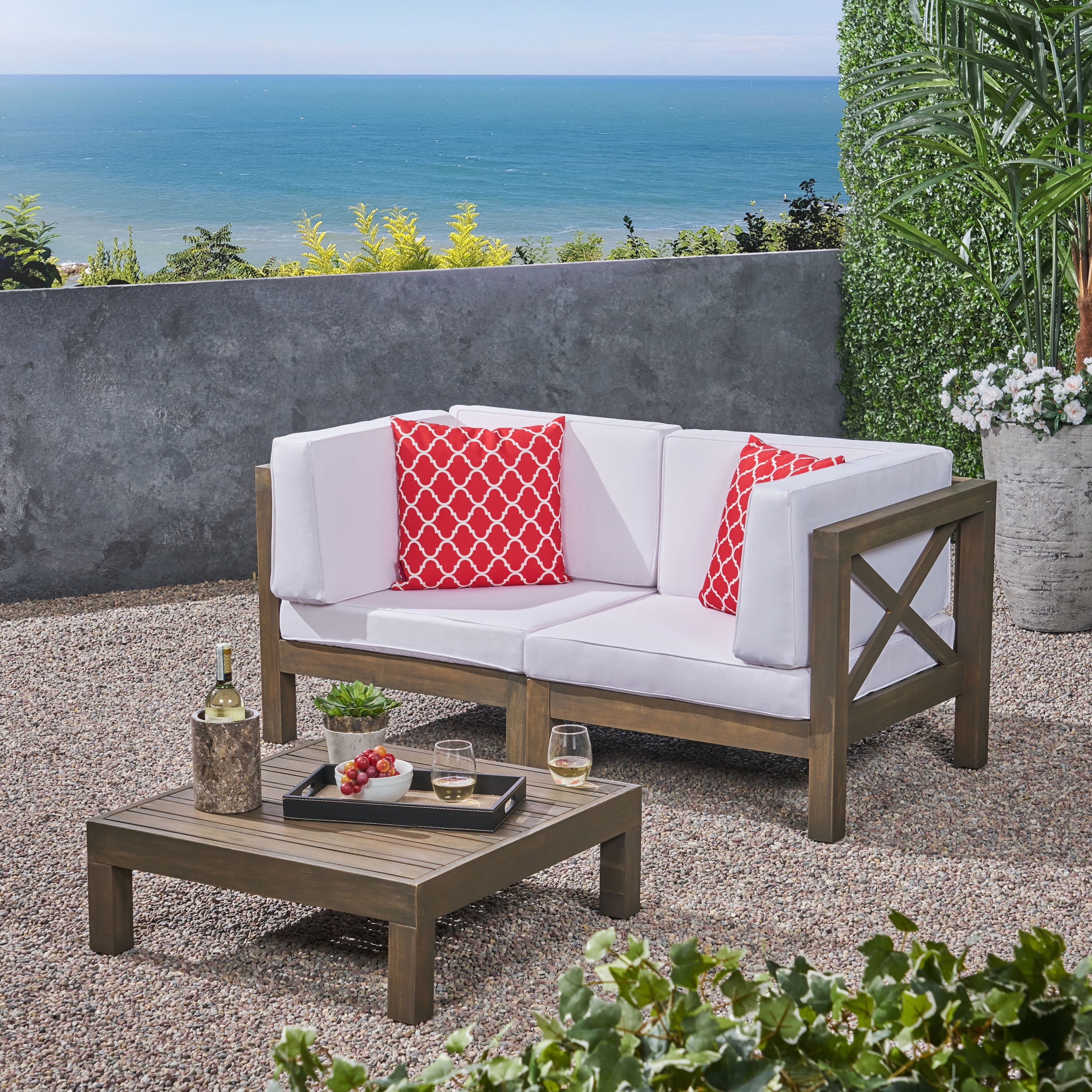 Elisha Outdoor Modular 3 Piece Acacia Wood Sectional Loveseat and Coffee Table Set with Cushions, Gray, White