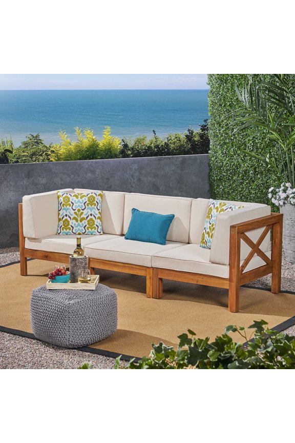 Elisha Outdoor Modular 3 Piece Acacia Wood Sectional Sofa Set with Cushions, Teak, Beige