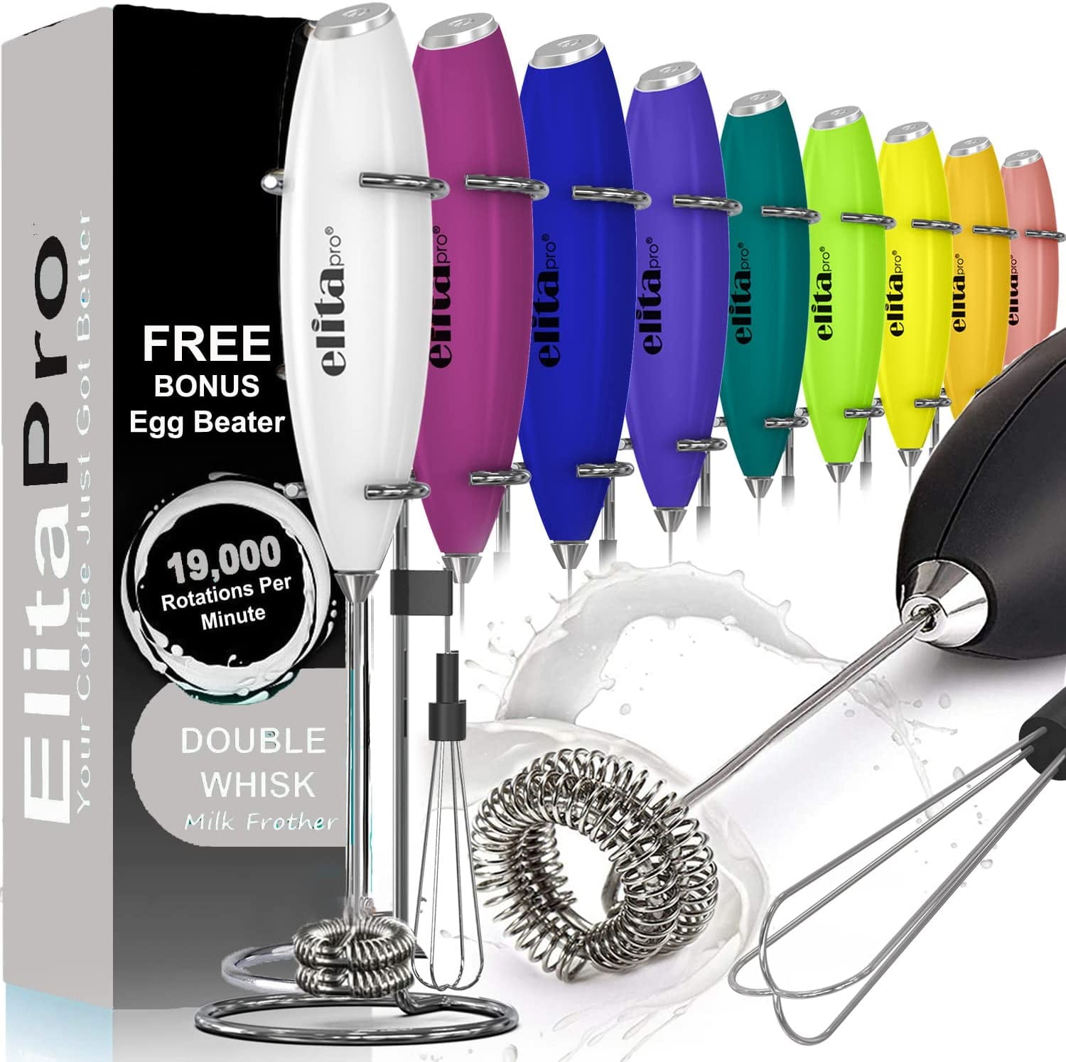 ElitaPro ULTRA-HIGH-SPEED 19,000 RPM, Milk Frother DOUBLE WHISK, Unique  Detachable EGG BEATER and STAND For quick preparation