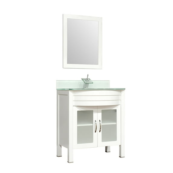 Elite 30" Single Modern Bathroom Vanity in White with Light Green Glass Top and Mirror with Mirror