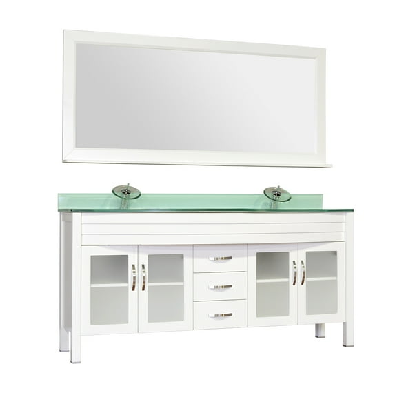 Elite 72" Double Modern Bathroom Vanity in White with Light Green Glass Top and Mirror with Mirror