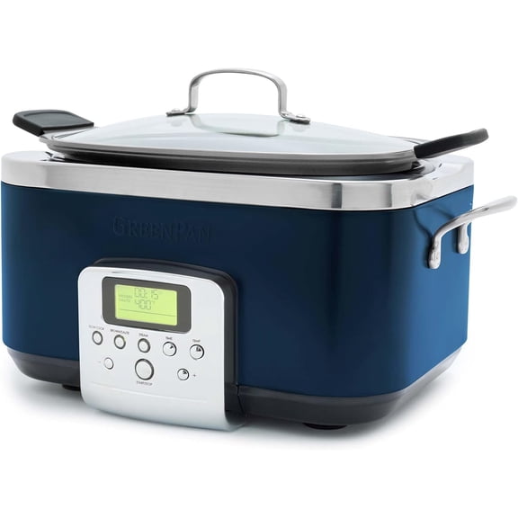 Elite 8-in-1 Programmable 6QT Electric Slow Cooker,Dishwasher Safe Lid & Removable Crock, PFAS-Free Healthy Ceramic Nonstick Multi-Cooker,Sear, Saut,Brown,Steam Basket,Roast, Oxford Blue