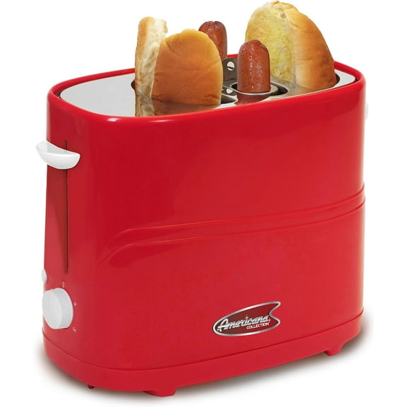 Elite by Americana ECT-542R Retro Pop-Up Hot Dog and Bun Toaster Cooker Machine with Tongs, Heat Veggie Links Kosher Beef Turkey Sausas Bratwurst, 2 Slice, Red