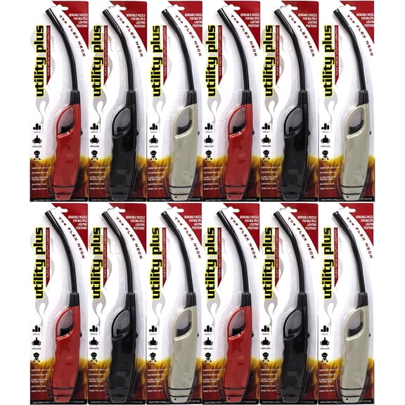 Elite Brands USA Flexible Neck Multi Purpose Long Neck Lighters, Ideal for Candle Lantern BBQ Grilling Fireplace Campfires Hiking, Utility Lighters, Bulk Pack of 12