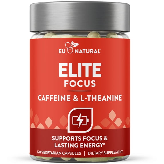 Eu Natural Elite Caffeine with L-Theanine - Jitter-Free Focused Energy Pills - Nootropic Stack for Smart Cognitive Performance - 120 Soft Capsules