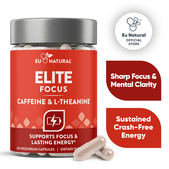 Eu Natural Elite Caffeine with L-Theanine - Jitter-Free Focused Energy Pills - Nootropic Stack for Smart Cognitive Performance - 120 Soft Capsules