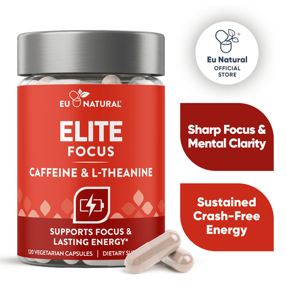 Eu Natural Elite Caffeine with L-Theanine - Jitter-Free Focused Energy Pills - Nootropic Stack for Smart Cognitive Performance - 120 Soft Capsules