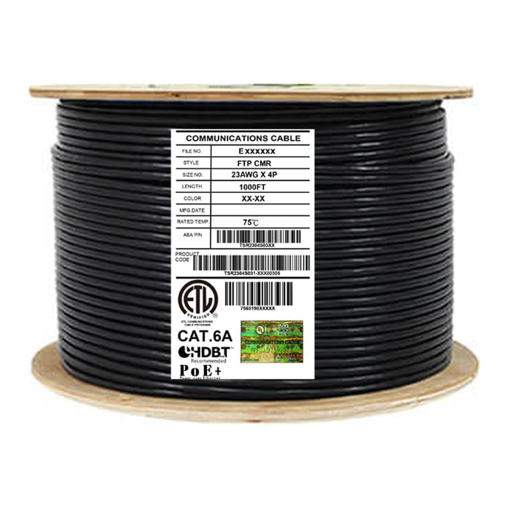 Elite Cat6a Shielded Riser (CMR), 1000ft, 650MHz, 23AWG, F/UTP, Solid Pure Copper, Rated 10G, Bulk Ethernet Cable Reel, Black