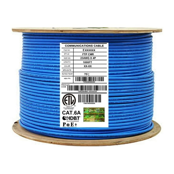 Elite Cat6a Shielded Riser (CMR), 1000ft, 650MHz, 23AWG, F/UTP, Solid Pure Copper, Rated 10G, Bulk Ethernet Cable Reel, Blue
