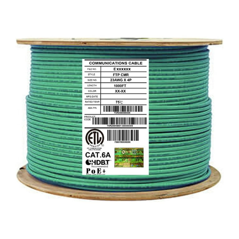 Elite Cat6a Shielded Riser (CMR), 1000ft, 650MHz, 23AWG, F/UTP, Solid Pure  Copper, Rated 10G, Bulk Ethernet Cable Reel, Green 