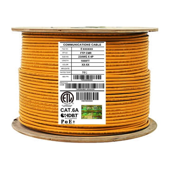 Elite Cat6a Shielded Riser (CMR), 1000ft, 650MHz, 23AWG, F/UTP, Solid Pure Copper, Rated 10G, Bulk Ethernet Cable Reel, Orange