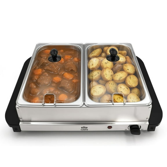Elite Cuisine EWM2165 5Qt. Stainless Steel Electric Buffet Server Food Warmer with 2 Trays