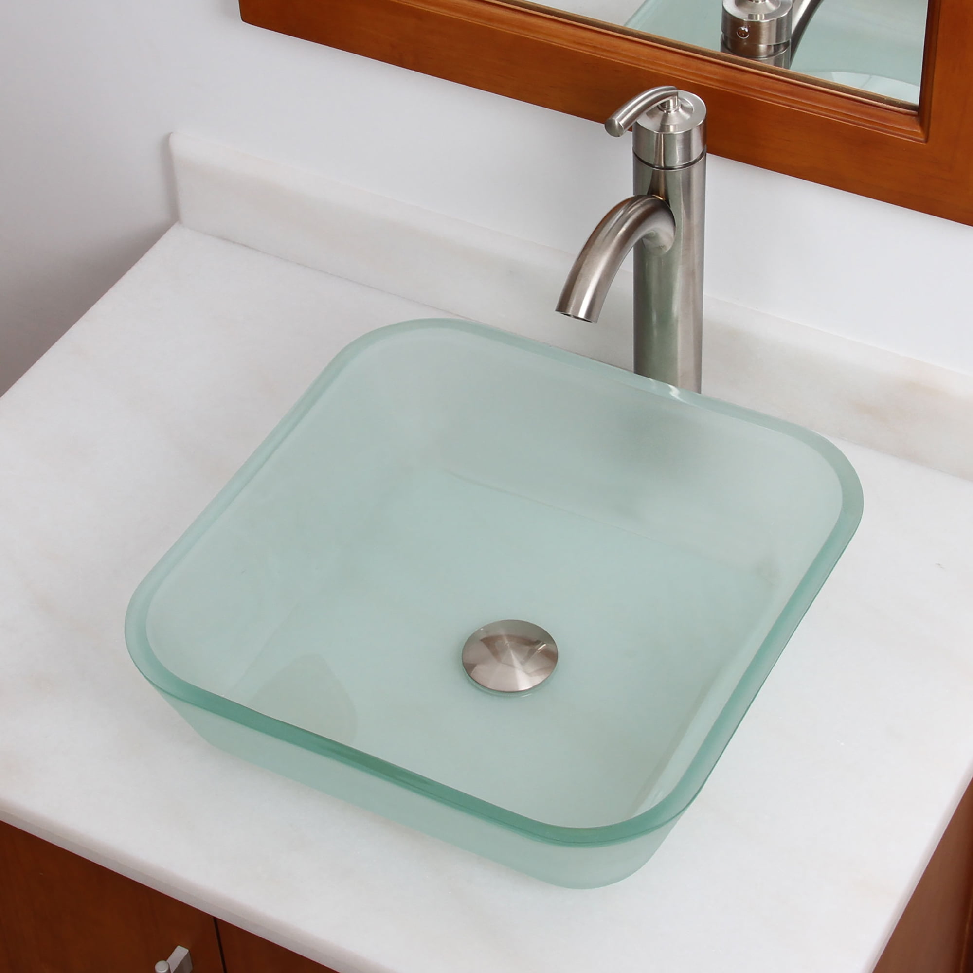 Elite Frosted Square Tempered Glass Flat Bottom Bathroom Vessel Sink