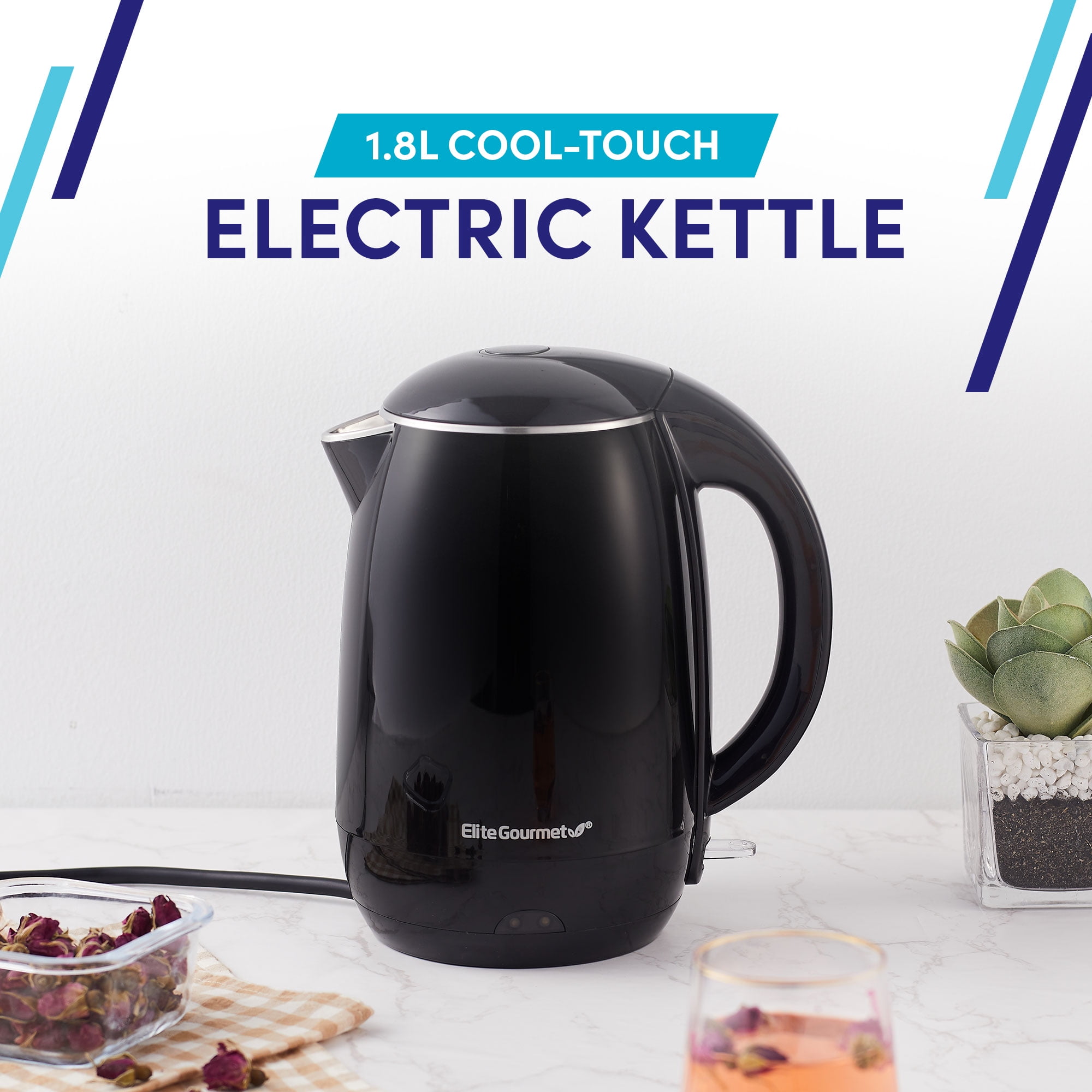 Elite Gourmet 1.8L Cool-Touch Elcteric Kettle with Stainless Steel  Interior, Black