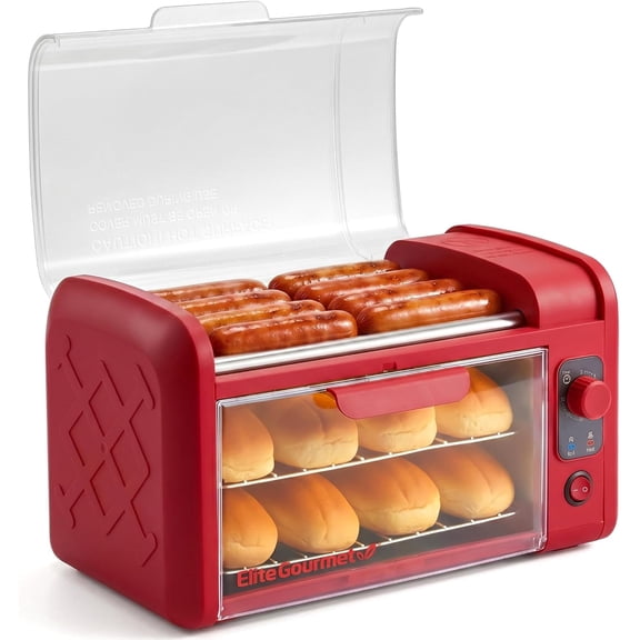 Elite Gourmet 8 Hot Dog Roller & Toaster Oven | 5 Stainless Steel Rollers, 30-Min Timer, Auto Shut-Off, 2 Warming Racks, Bun Warmer, Drip Pan | Cooks Brats, Sausages, Taquitos | Red