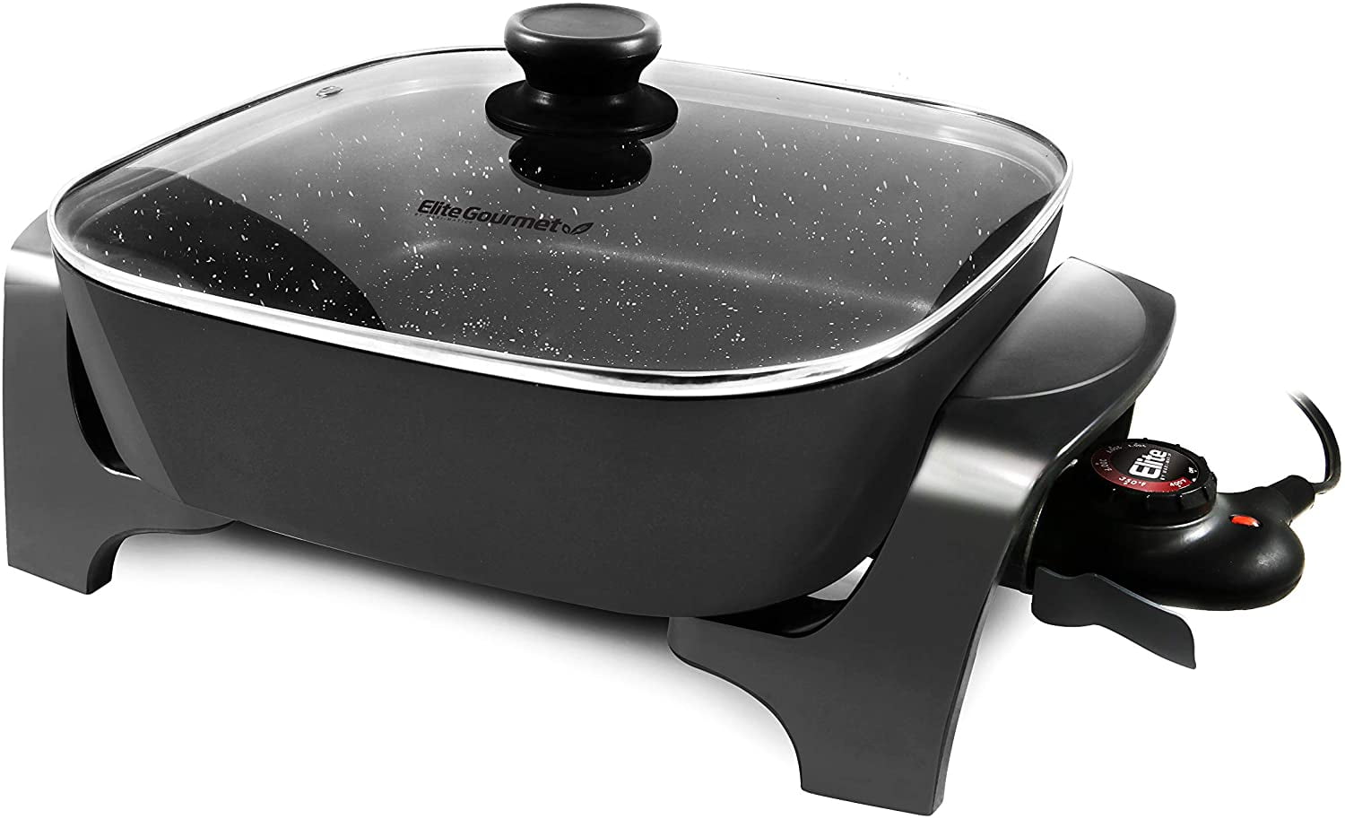 Elite Gourmet Deep Dish Heavy Duty, Rapid Heat Up, Dishwasher Safe, 1200W  Non-Stick Electric Skillet with Tempered Glass Vented Lid, 12” x 12 x  3.15, Black 