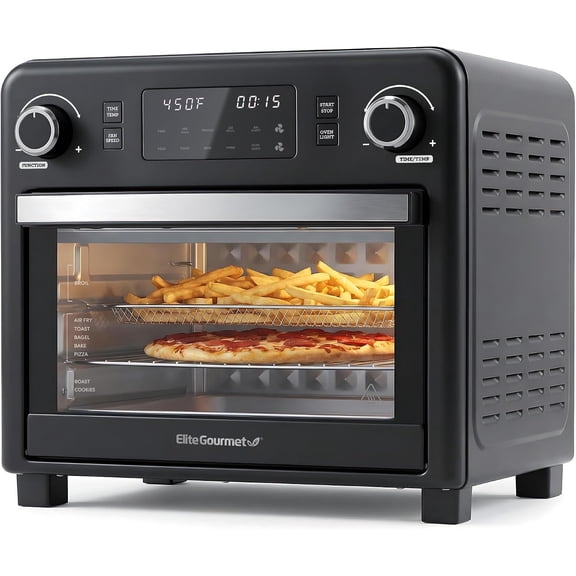 Elite Gourmet EAF9320 23L Air Fryer Toaster Oven, 10-in-1 Digital Convection Countertop Oven, Dual Fan Speeds, Air Fry, Bake, Broil, Toast, Dehydrate, 1600W w/ Air Fry Rack, Bake Rack & Pan, Black
