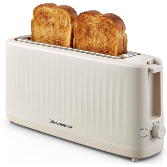 Elite Gourmet Slimtoast 2-Slice Extra-Long Wide Slot Toaster with 6 Browning Settings, Fits Bagels and Artisan Bread, Cremello
