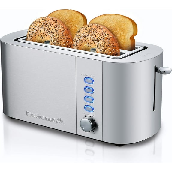 Elite Gourmet ECT4123X Long Slot 4 Slice Toaster, Extra Wide 1.5" and 5.1" Deep Slots, Bagel, Defrost & Cancel Functions, 6 Toast Shade Settings, Fits Bagels, Waffles, Artisan Breads, Stainless Steel