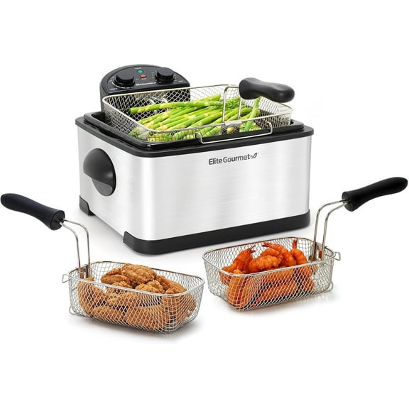 Elite Gourmet EDF-401T Electric 4.5 Qt. / 17 Cup Immersion Deep Fryer 3-Baskets, 1700-Watt, Timer Control Adjustable Temperature, Lid with Viewing Window and Odor Free Filter