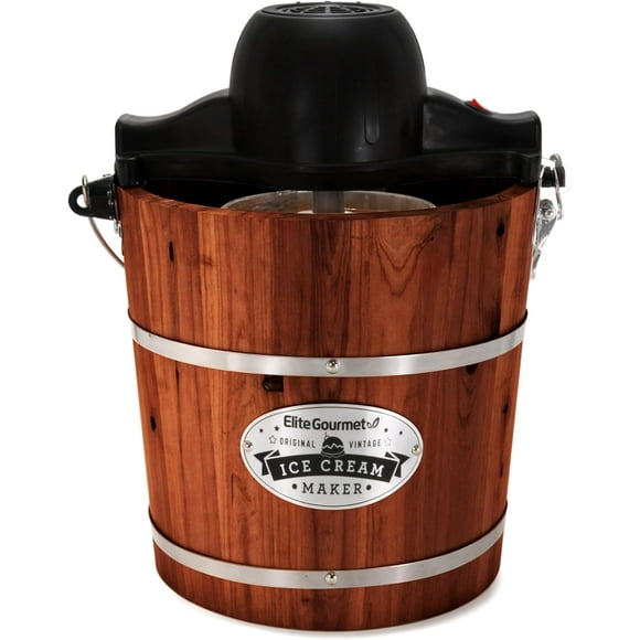 Elite Gourmet EIM418 Old Fashioned 4 Quart Vintage Walnut Wood Bucket, Electric Ice Cream Maker Machine, Uses Ice and Rock Salt Churns Ice Cream in Minutes