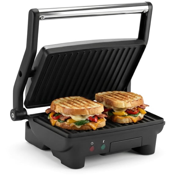 Elite Gourmet EPN-2976 2-in-1 Nonstick Panini Press & Indoor Grill, Opens 180-Degree Gourmet Sandwich Maker, Floating Hinge Fits All Foods, Contact Grill with Removable Grease Tray, Stainless Steel