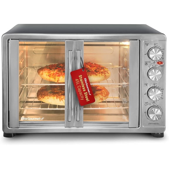Elite Gourmet ETO4510B French Door 47.5Qt, 18-Slice Convection Oven 4-Control Knobs, Bake Broil Toast Rotisserie Keep Warm, Includes 2 x 14" Pizza Racks, Stainless Steel