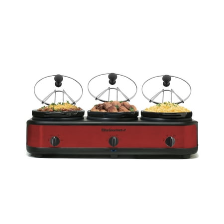 Elite Gourmet EWMST-325R 2.5-Quart Triple Slow Cooker Buffet with Lid Rest, Red